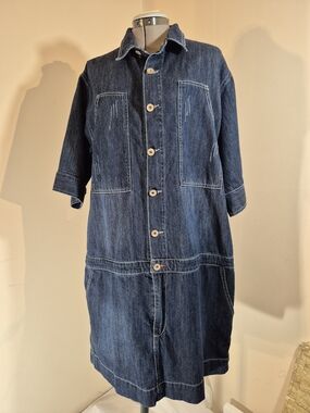Denim Button-Front Shirt Dress in Dark Blue